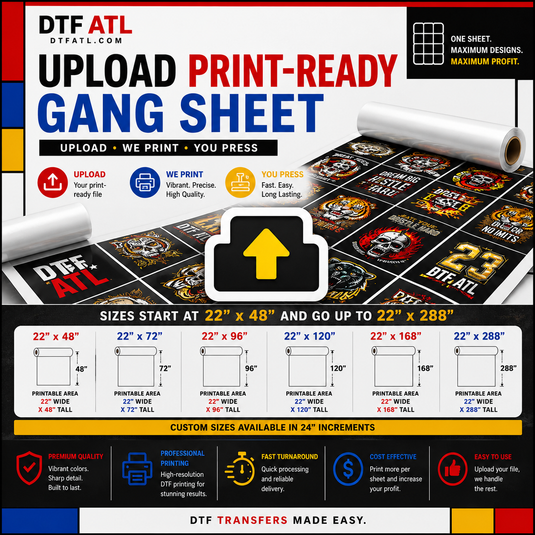 DTF ATL print-ready gang sheet upload product for completed transfer layouts