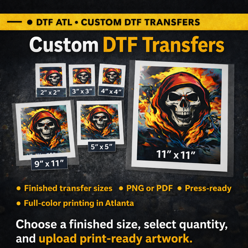 Load image into Gallery viewer, Custom DTF transfers in finished sizes from 2 by 2 to 11 by 11 inches, printed in Atlanta

