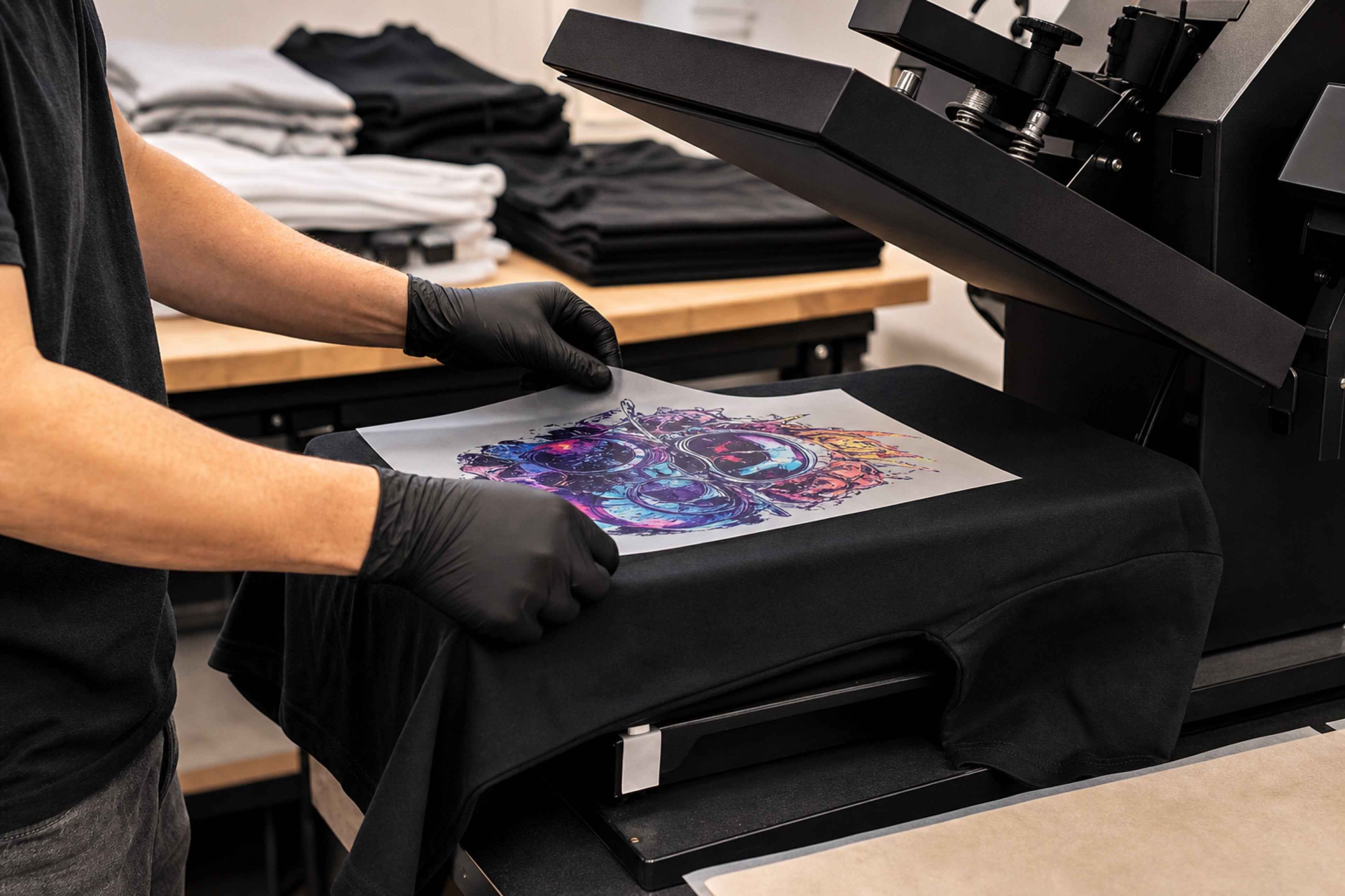 Heat press setup for custom black T-shirt printing