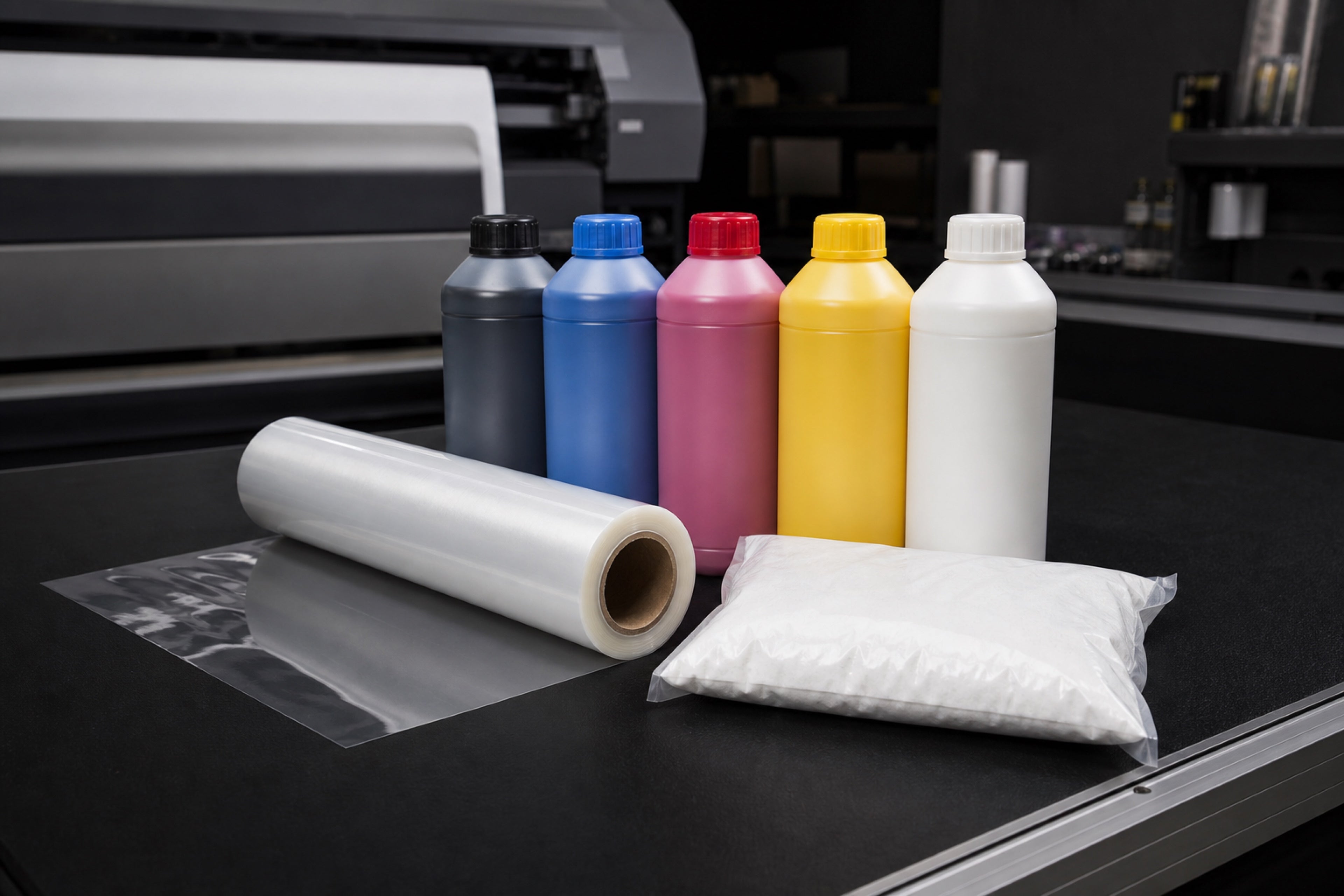DTF ink, transfer film and adhesive powder supplies