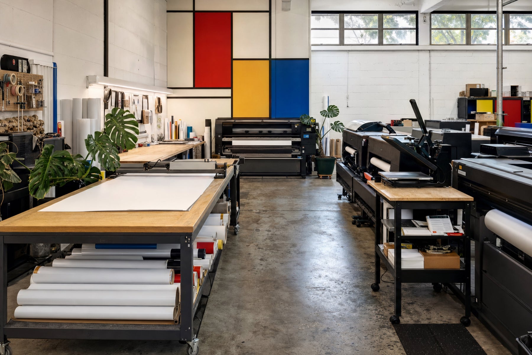 Commercial printing equipment inside a plant-filled production studio