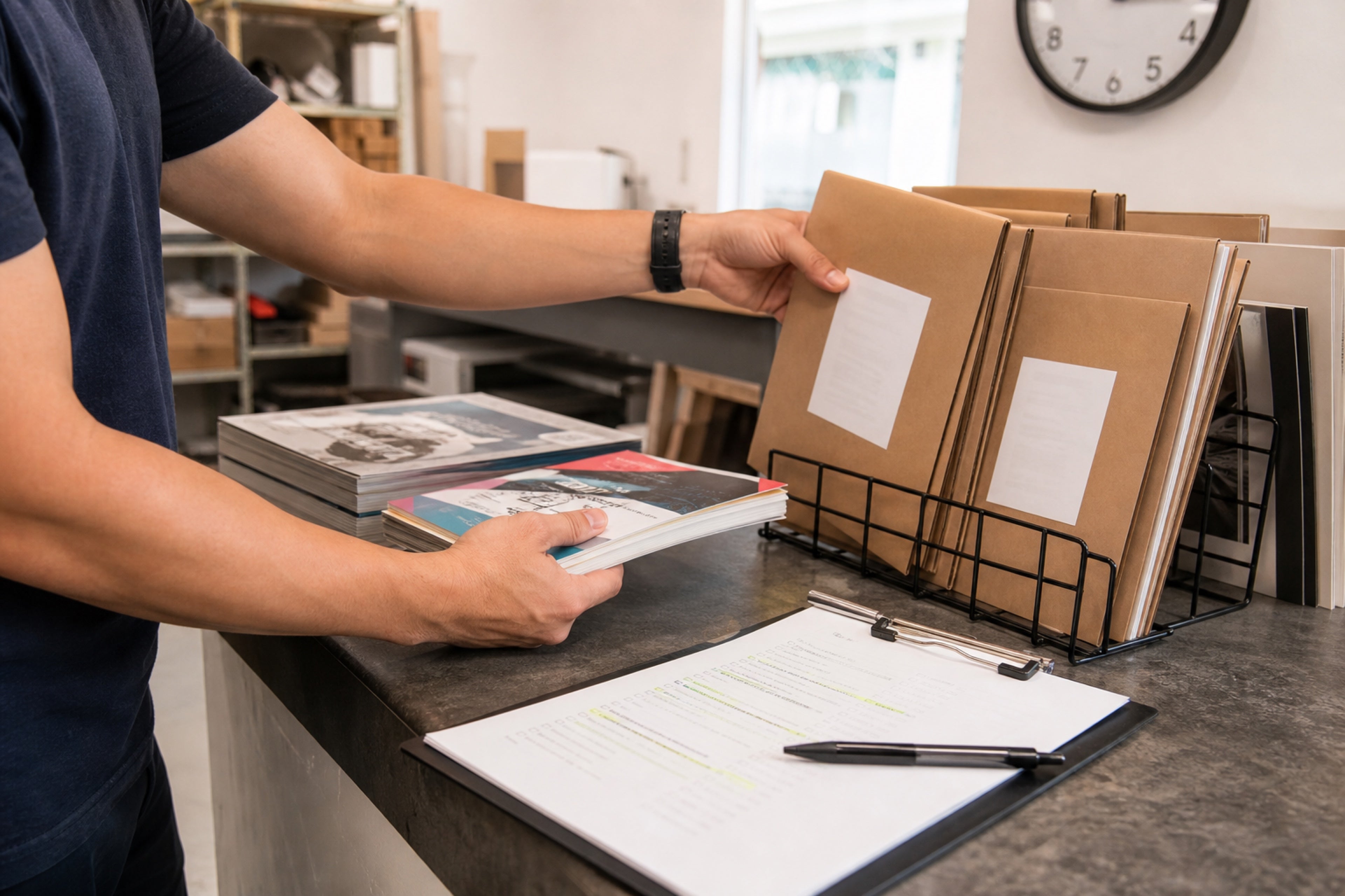 Same-day print jobs organized for quality control and packing
