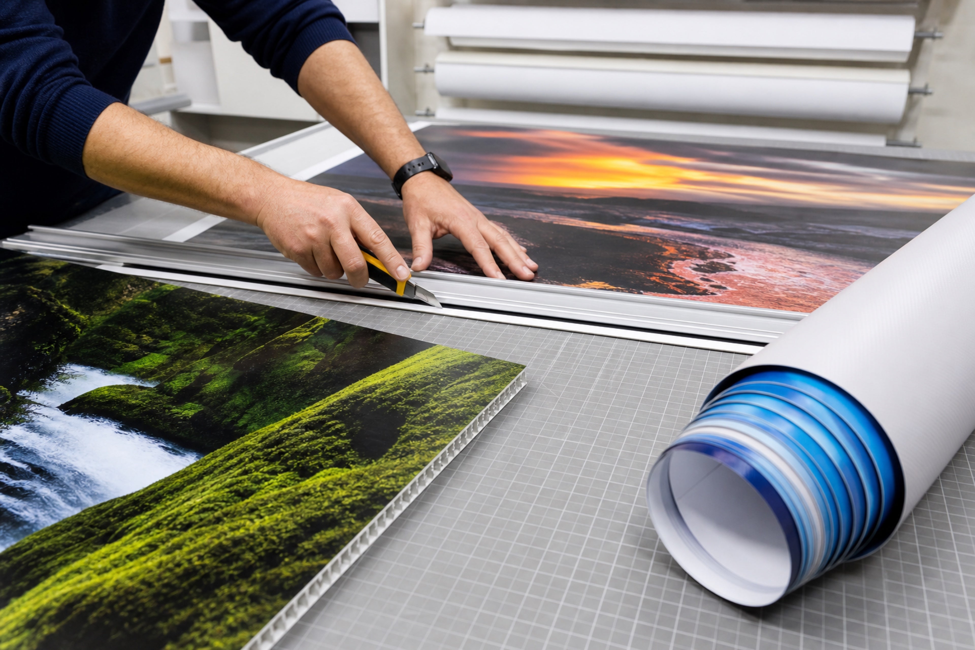 Large-format poster and banner finishing on a cutting table