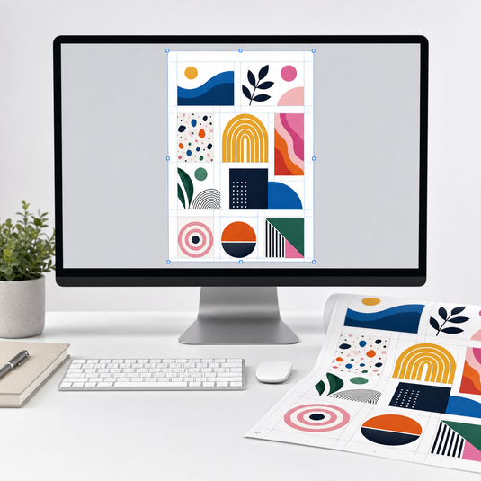 Dye sublimation gang sheet builder with artwork layout and printed transfer sheet